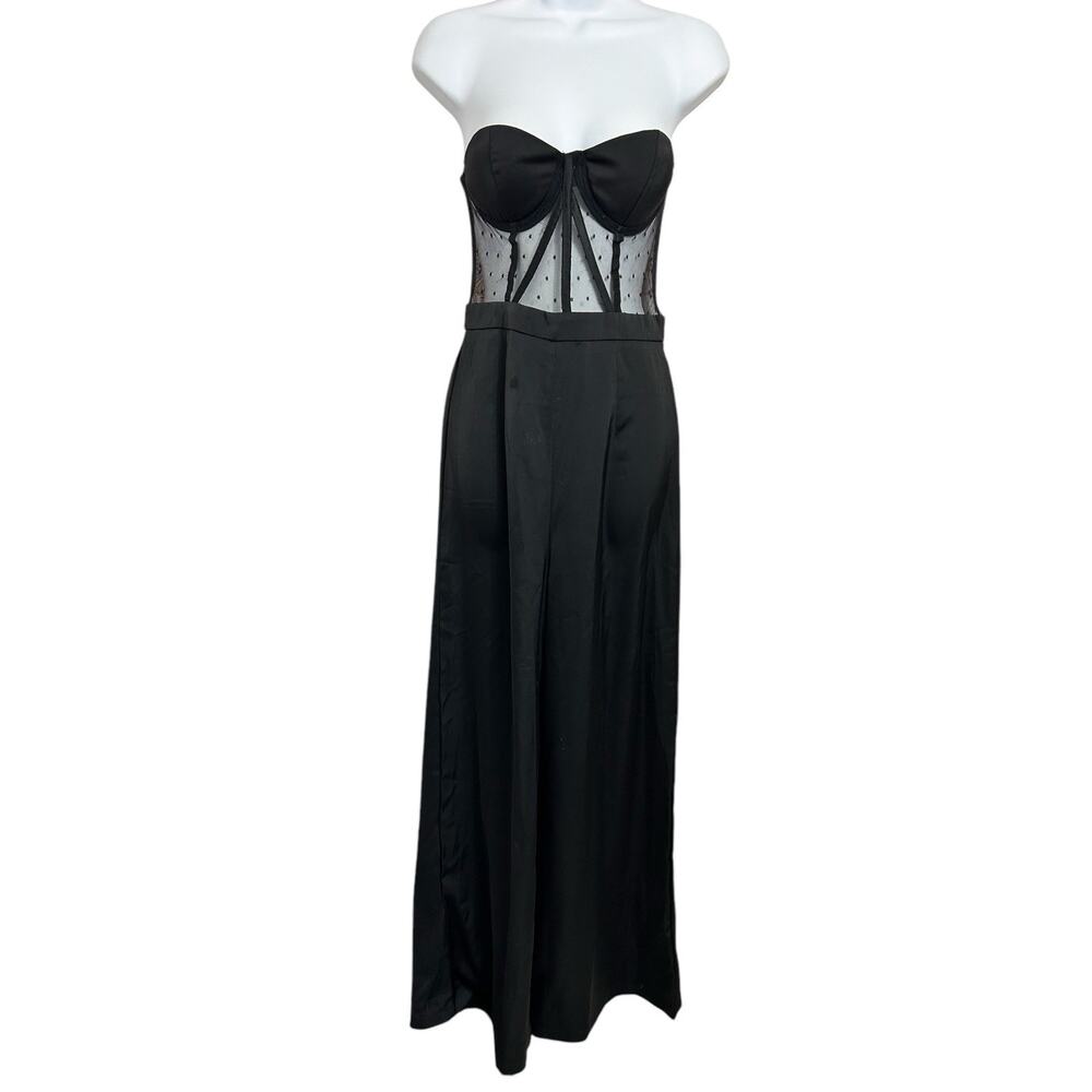 Shein Black Strapless Jumpsuit Sz XS Wide Leg Pant Corset Mesh Top One Piece - Picture 4 of 7